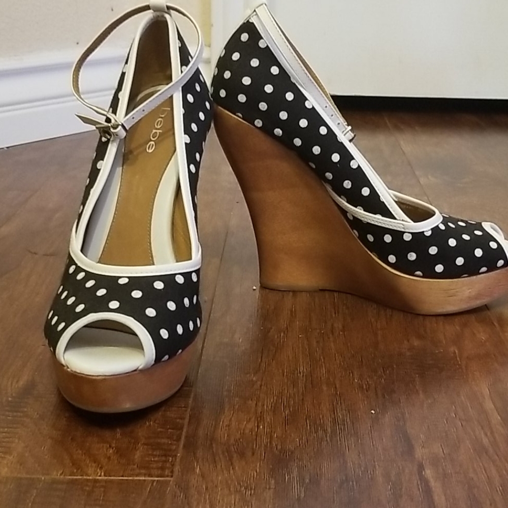 Bebe Black and White 50s Polka Dot Wedge